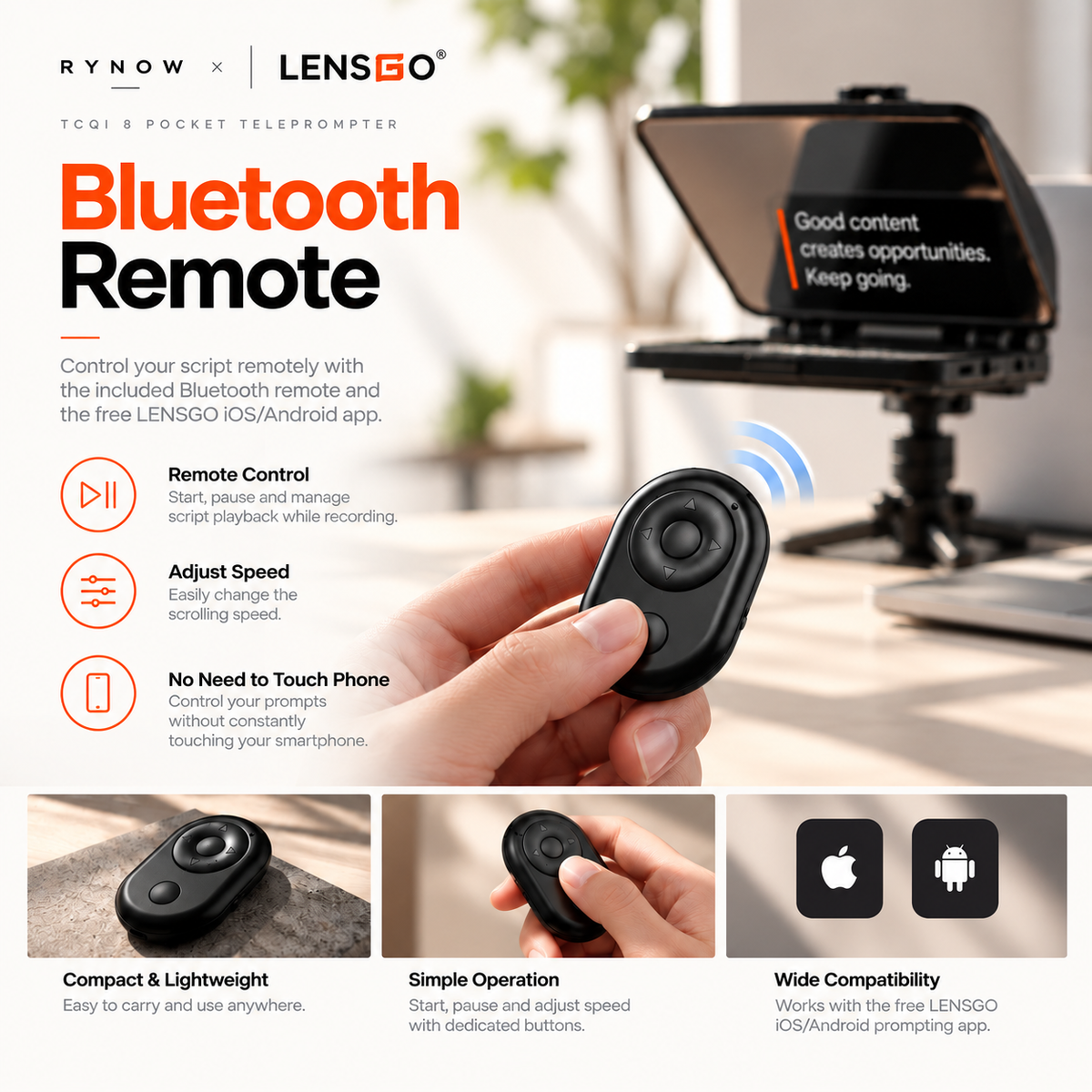 LENSGO TCQI 8 Pocket Teleprompter 8-Inch for DJI Osmo Pocket 4 / Pocket 3