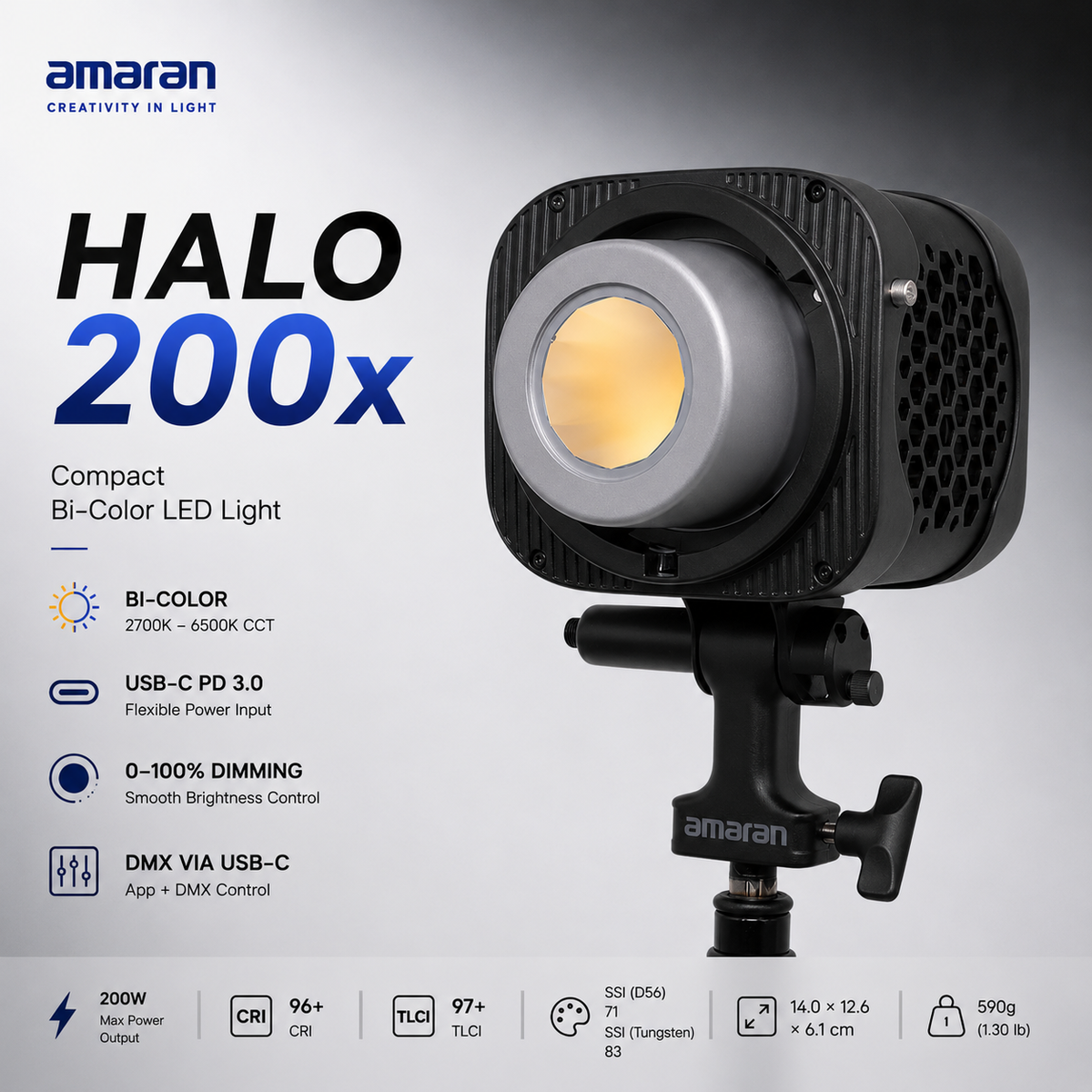 Amaran Halo 200x Bi-Color COB LED Light | 200W Compact Studio Light