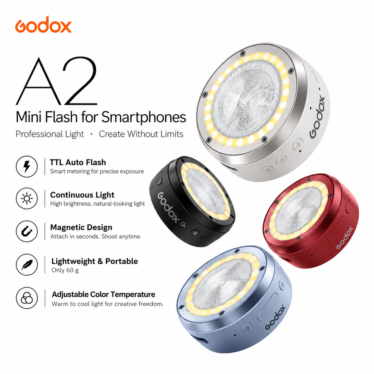 Godox A2 Smartphone Xenon Flash TTL HSS 1/8000s Magnetic Flash with Bi-Color LED Light