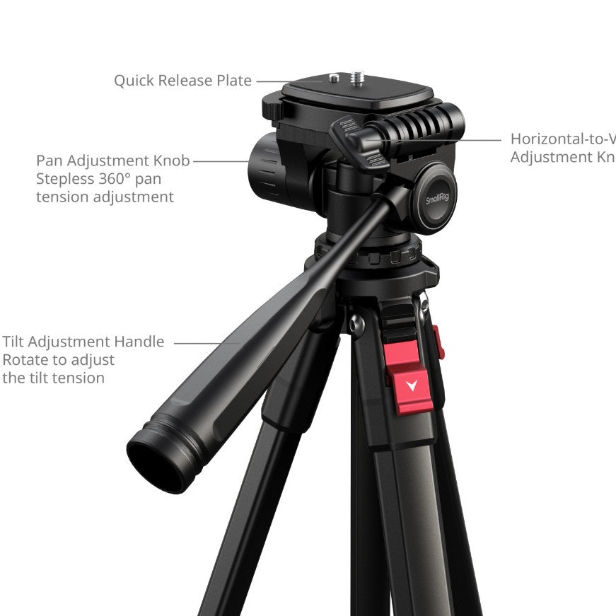 SmallRig 5474 Video Tripod 172cm Aluminum Tripod with Fluid Head 5kg Load Quick Release Plate