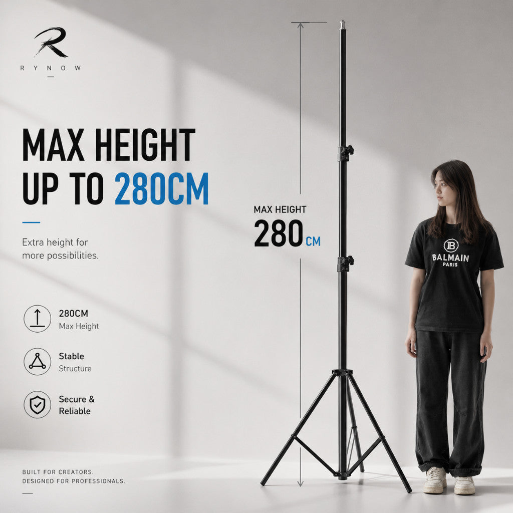 RYNOW 2.8m Professional Light Stand Foldable Photography Tripod with Spring Buffer - Flexible Setup