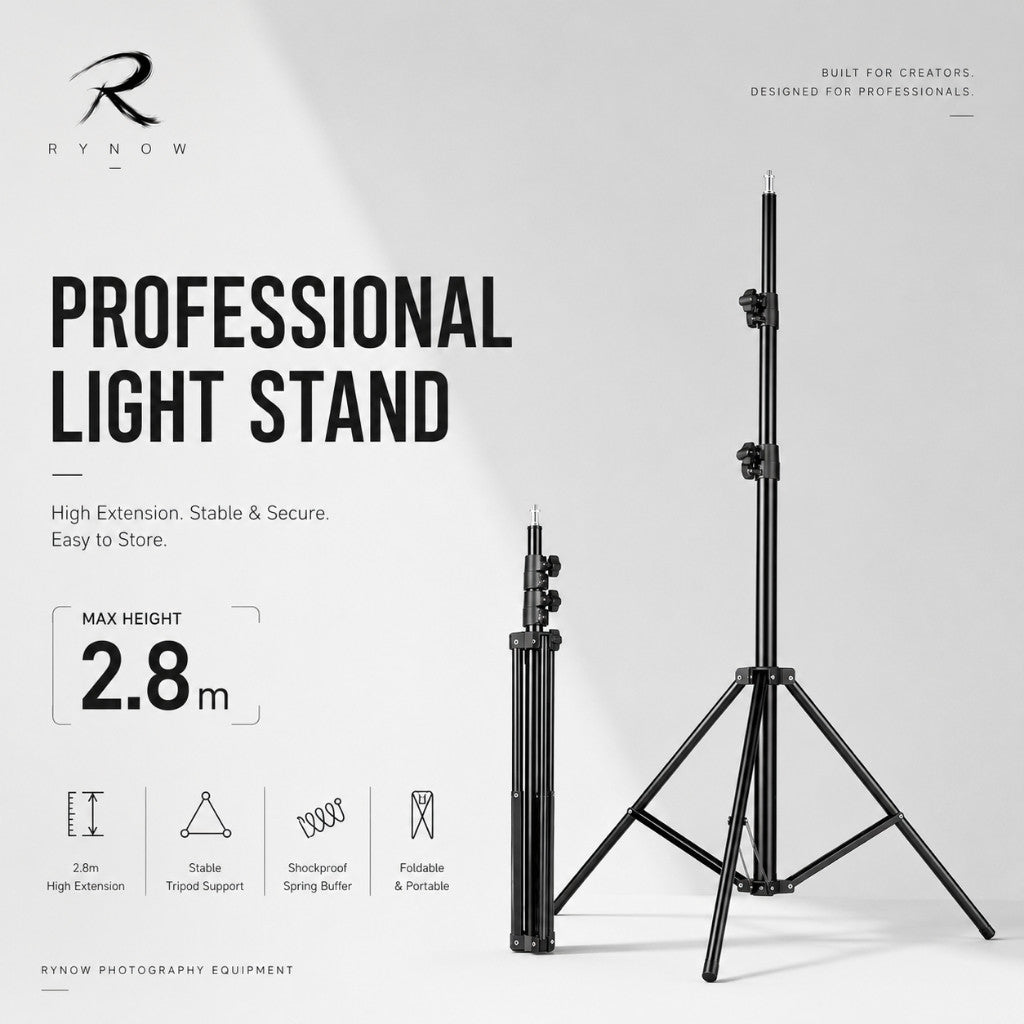 RYNOW 2.8m Professional Light Stand Foldable Photography Tripod with Spring Buffer - Core Performance