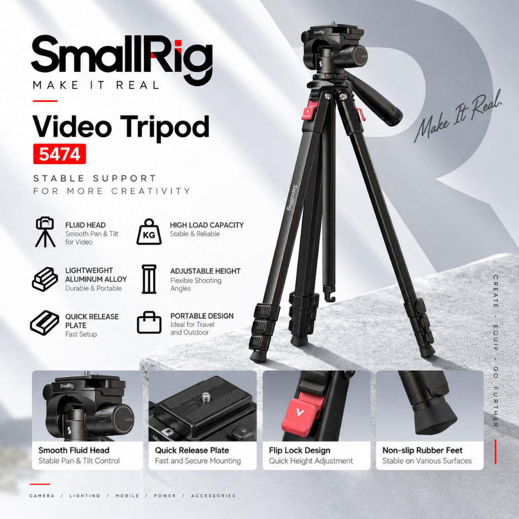 SmallRig 5474 Video Tripod 172cm Aluminum Tripod with Fluid Head 5kg Load Quick Release Plate