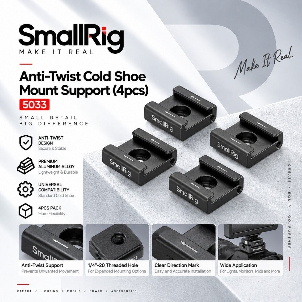 SmallRig 5033 Anti-Twist Cold Shoe Mount Support 4pcs 1/4"-20 for Camera Cage Light Microphone Monitor