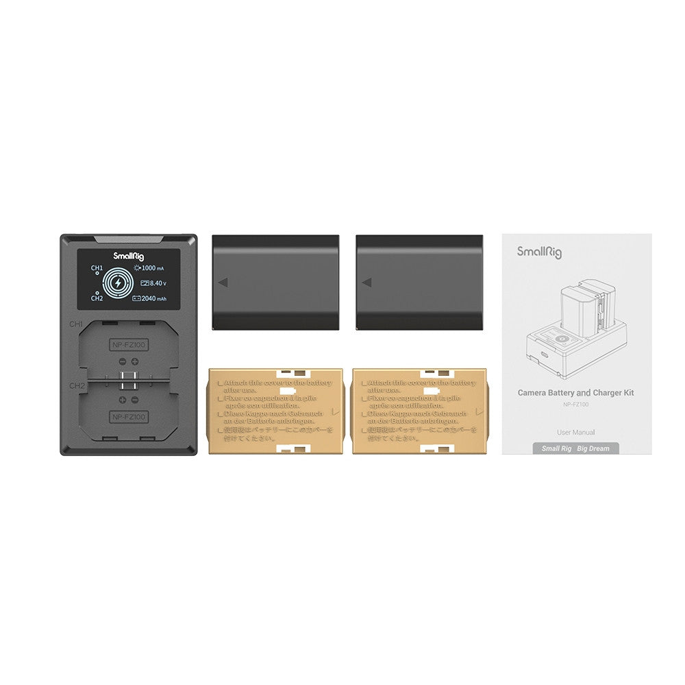SmallRig NP-FZ100 Camera Battery & Dual Fast Charger Kit 3824B 2040mAh x2 with LCD Display USB-C Charging Kit