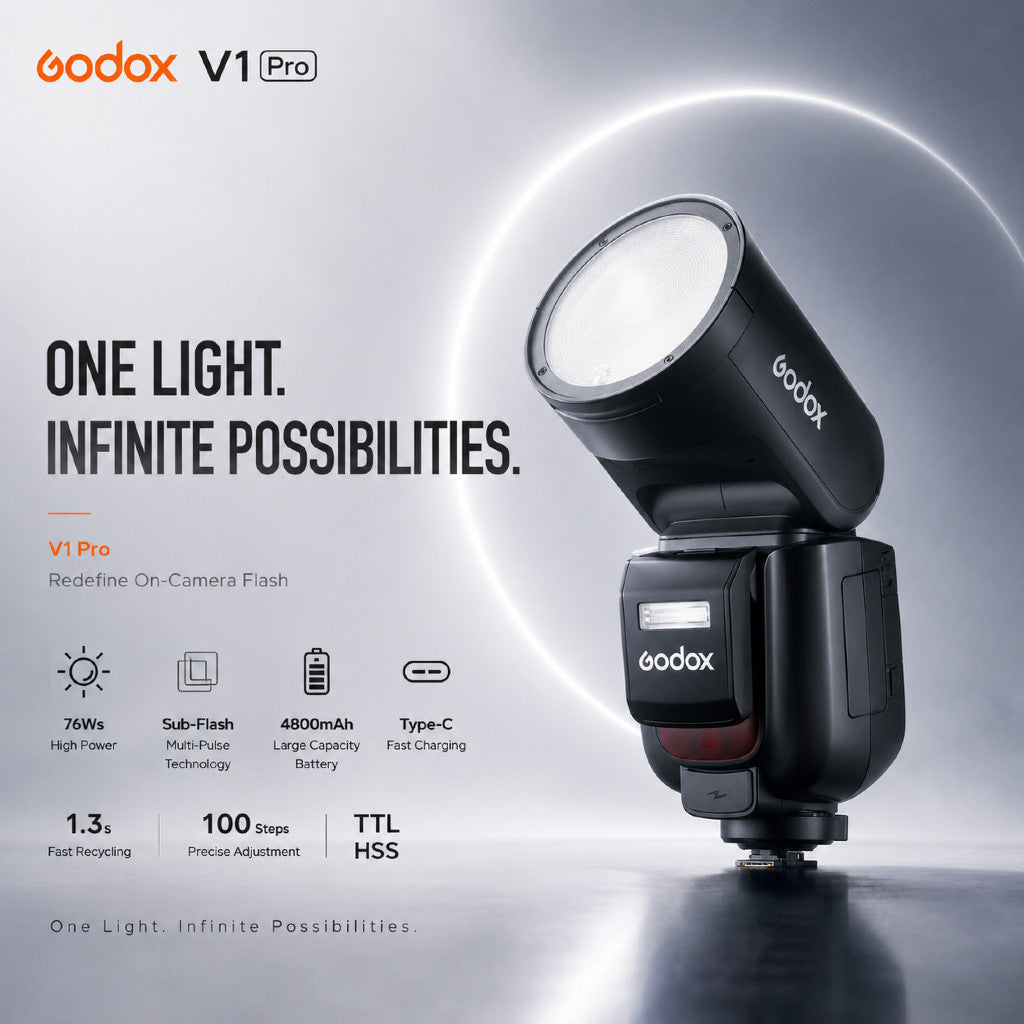 Godox V1 Pro — TTL Round Head Speedlite | 76Ws, HSS 1/8000s, Type-C