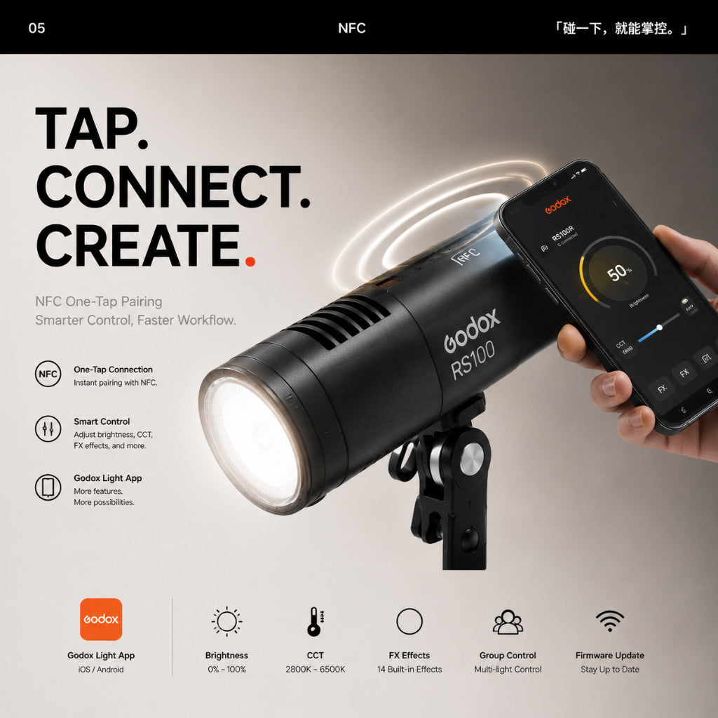Godox RS100Bi / RS100R 100W Portable LED Video Light Built-in Battery S-Mount NFC App Control - Flexible Setup