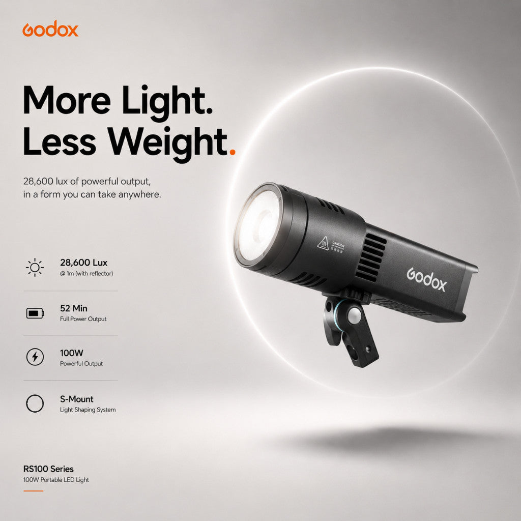 Godox RS100Bi / RS100R 100W Portable LED Video Light Built-in Battery S-Mount NFC App Control - Core Performance