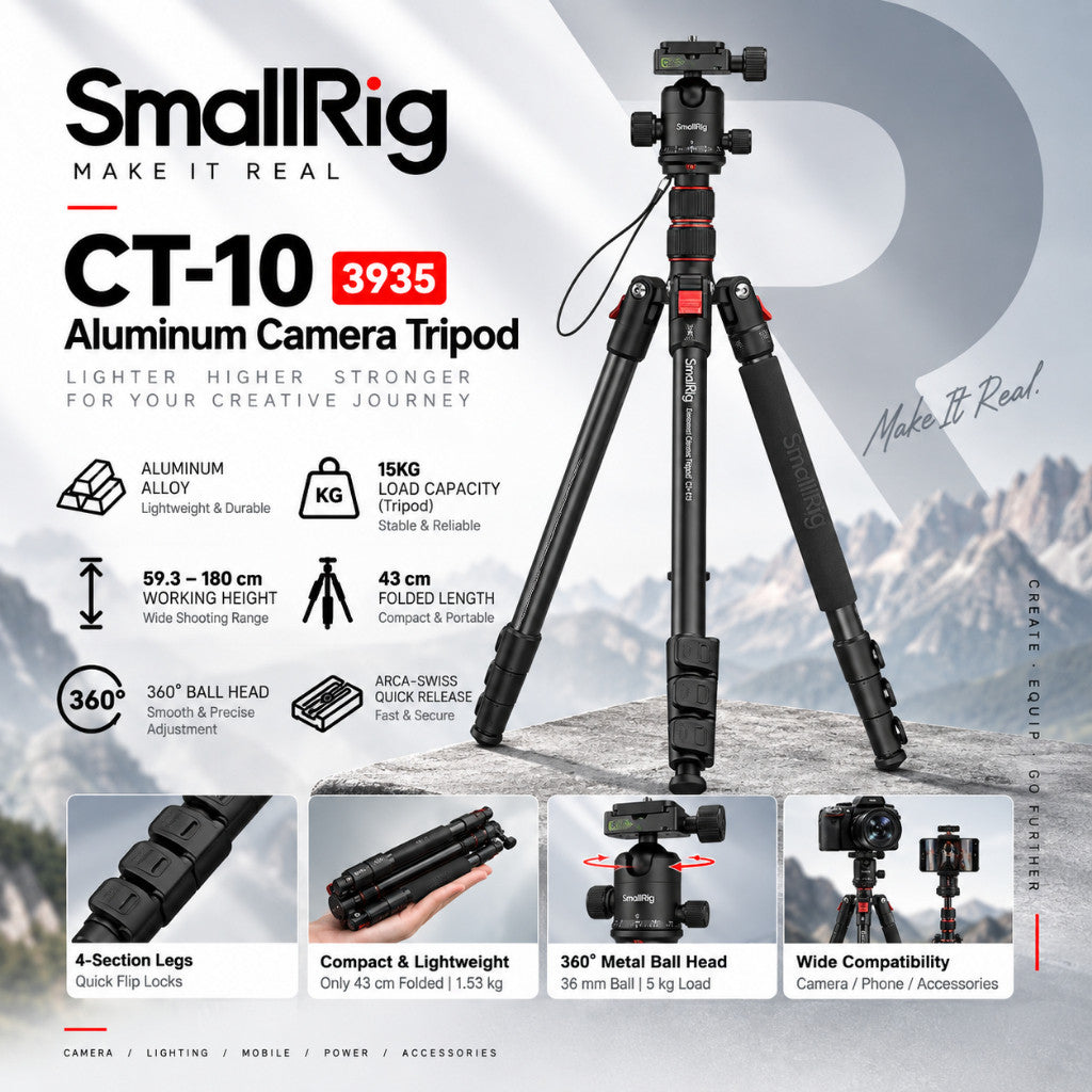 SmallRig CT-10 Aluminum Camera Tripod 3935, 180cm Travel Tripod with Arca Ball Head & Phone Holder, 15kg Load