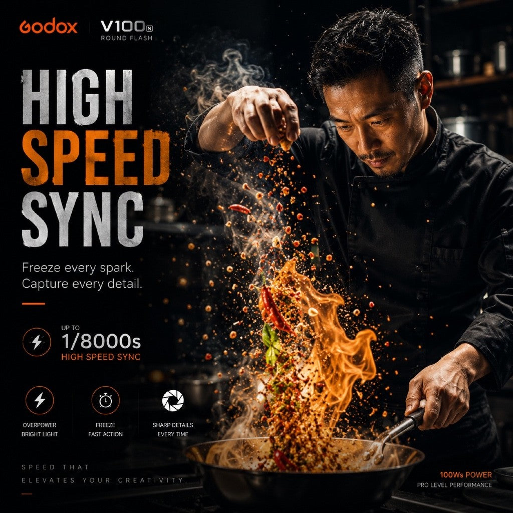 Godox V100 — TTL Round Head Speedlite | 100Ws, HSS 1/8000s, Touchscreen, 2.4G