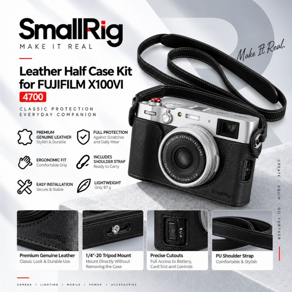 SmallRig 4700 Leather Half Case Kit for FUJIFILM X100VI Black with PU Shoulder Strap