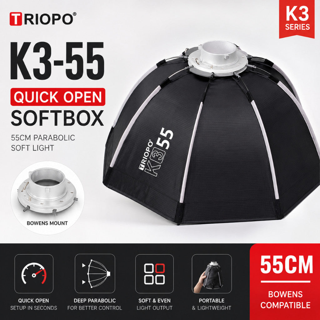 TRIOPO K3-55/65cm Quick Release Deep Octa Softbox 55/65cm Bowens Mount Portable Parabolic Soft Light - Creator Ready