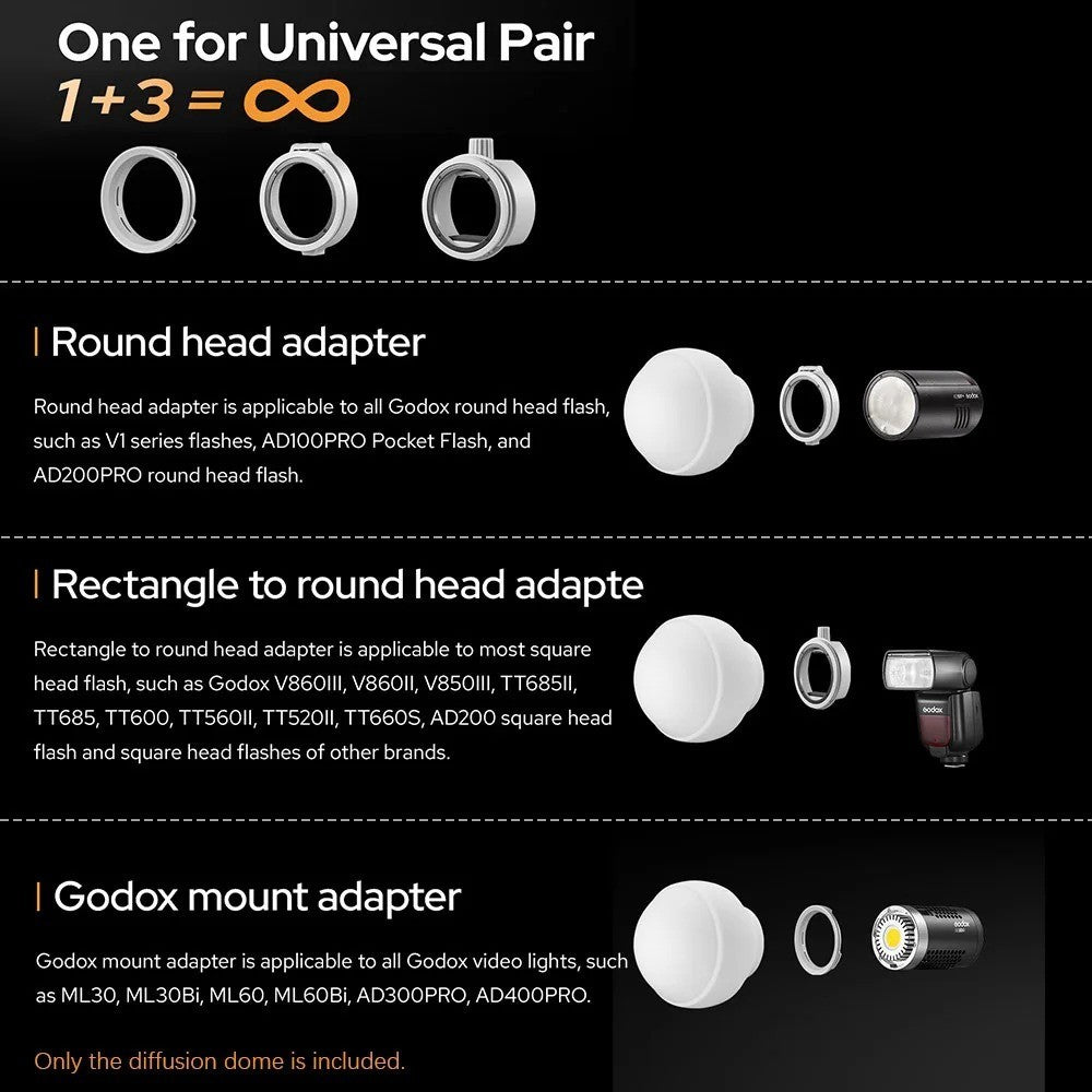 Godox ML-CD15 Diffuser Dome Kit with 3 Adapters for Photography Light Flash Studio Photography Portrait Live Stream